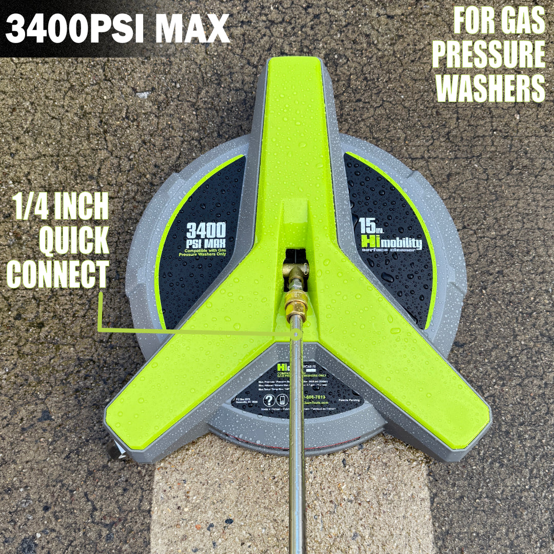 Hiclean Universal 15-inch Pressure Washer Surface Cleaner with 3 Wheels - 3400 Max PSI, 1/4-inch Connector