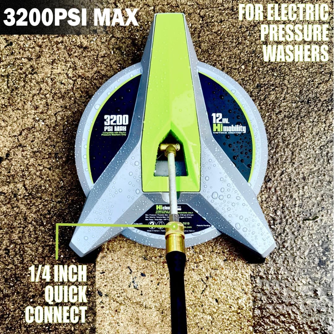 Hiclean Universal 12 - inch Pressure Washer Surface Cleaner with 3 Caster Wheels - 3200 Max PSI, 1/4 - inch Connector - for Electric Pressure Washers - HiClean Tools