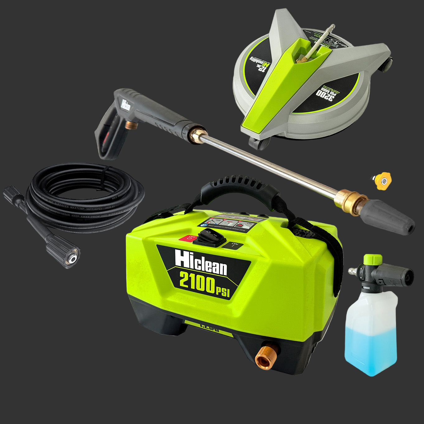 Hiclean pressure washer with accessories on a dark background