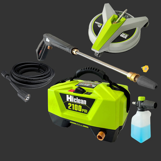 Hiclean pressure washer with accessories on a dark background